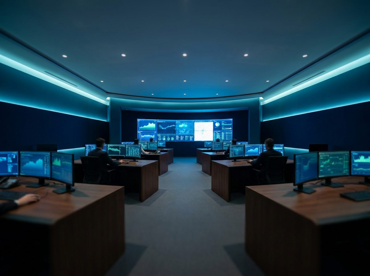 Analysts at workstations in a dimly lit operations center facing a wall of data displays