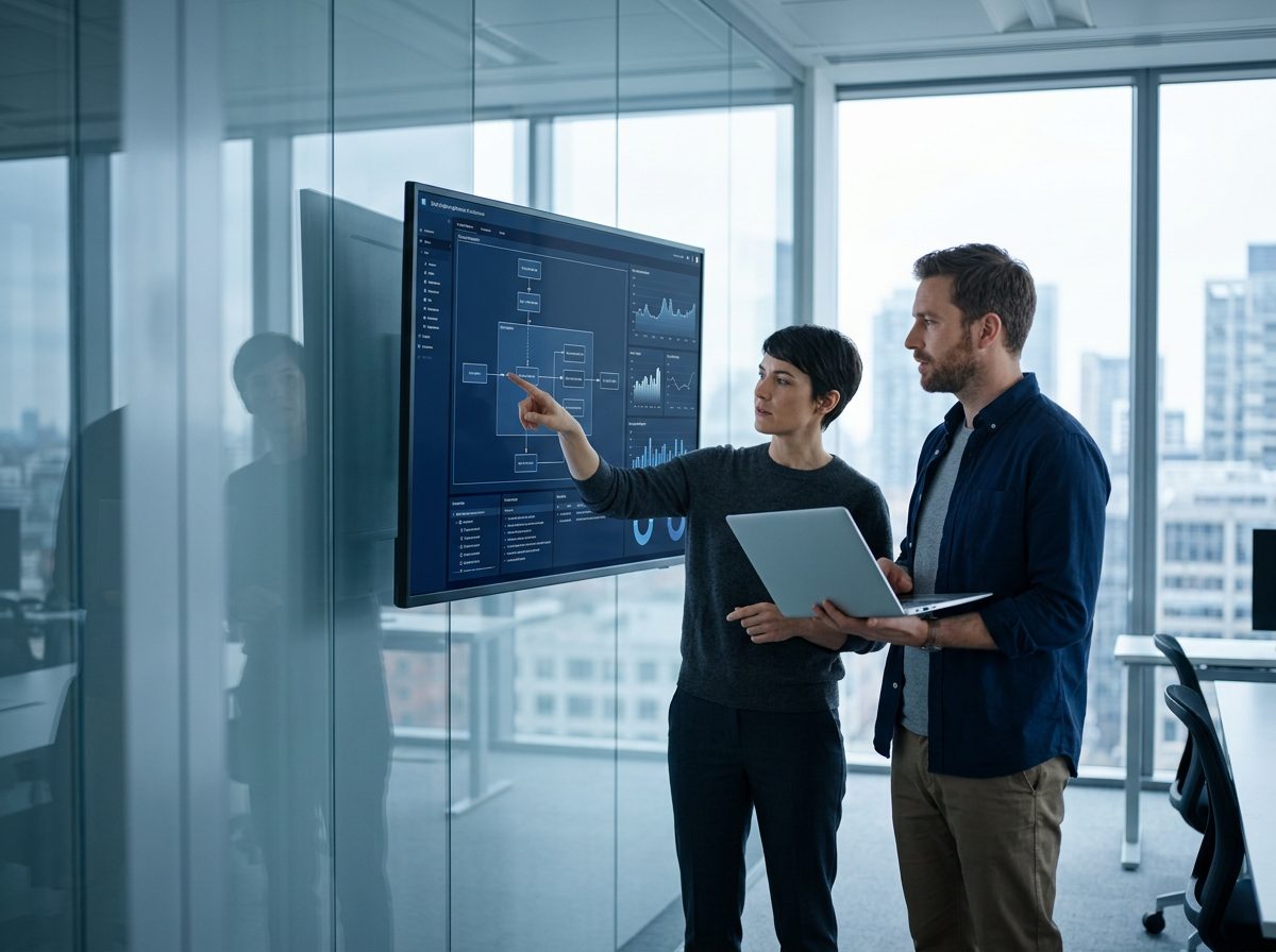 Two engineers reviewing a data pipeline architecture on a wall display